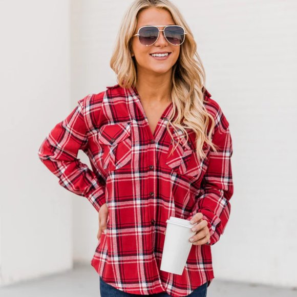 Pink Lily Tops - NWT Pink Lily Boutique Red Plaid Blouse with gray hood (removable)